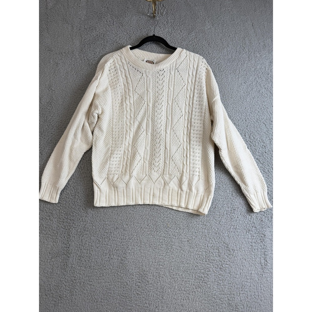 Picket Post Sweater Womens Large Cream Cable‎ Knit Fisherman Cotton Made USA